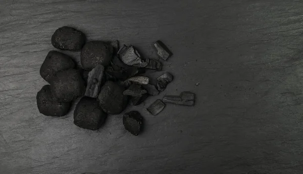 Coconut Coal Briquette Black Background Pressed Charcoal Braai Coconut Barbecue — Stockfoto