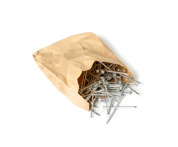 Metal Nail Pile Paper Bag Isolated Steel Nails Construction Hardware —  Fotos de Stock