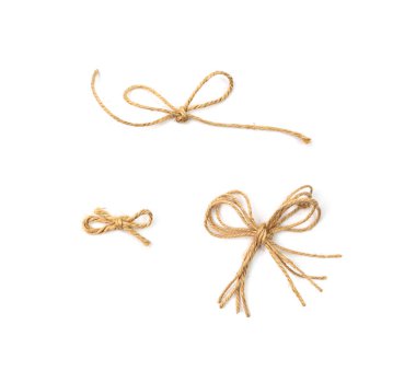 String bow isolated. Jute rope bows, packaging cord knots, knotted rustic gift, eco-friendly natural rope bow