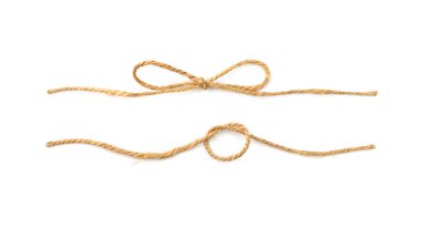 String bow isolated. Jute rope bows, packaging cord knots, knotted rustic gift, eco-friendly natural rope bow