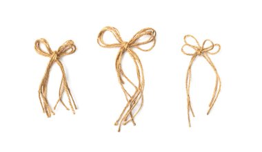 String bow isolated. Jute rope bows, packaging cord knots, knotted rustic gift, eco-friendly natural rope bow