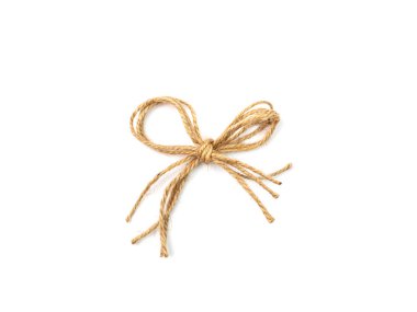 String bow isolated. Jute rope bows, packaging cord knots, knotted rustic gift, eco-friendly natural rope bow