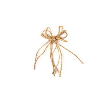 String bow isolated. Jute rope bows, packaging cord knots, knotted rustic gift, eco-friendly natural rope bow