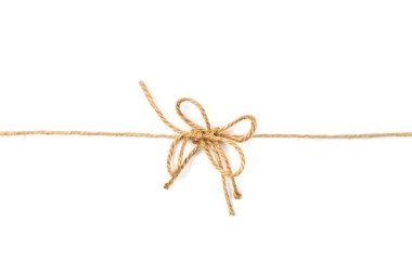String bow isolated. Jute rope bows, packaging cord knots, knotted rustic gift, eco-friendly natural rope bow