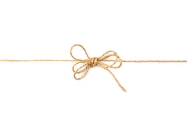 String bow isolated. Jute rope bows, packaging cord knots, knotted rustic gift, eco-friendly natural rope bow