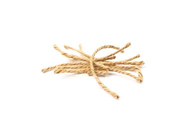 String piece isolated. Jute rope fragment, part of packaging cord knots, eco-friendly natural rope pieces