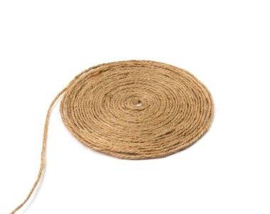 String spiral isolated. Jute rope circle, packaging cord roll, twisted rustic yarn, eco-friendly natural rope coil