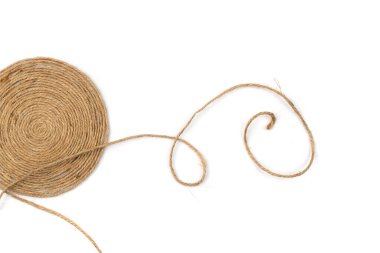 String spiral isolated. Jute rope circle, packaging cord roll, twisted rustic yarn, eco-friendly natural rope coil