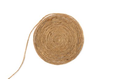 String spiral isolated. Jute rope circle, packaging cord roll, twisted rustic yarn, eco-friendly natural rope coil