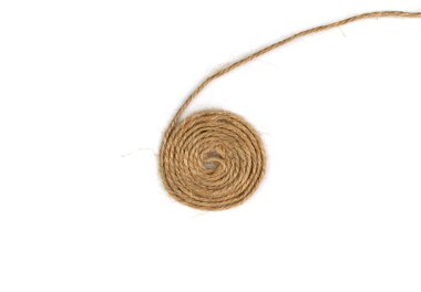 String spiral isolated. Jute rope circle, packaging cord roll, twisted rustic yarn, eco-friendly natural rope coil