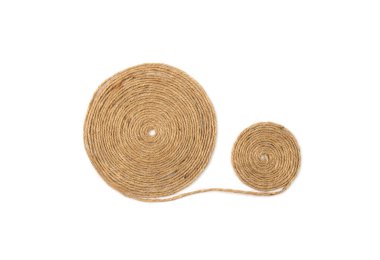 String spiral isolated. Jute rope circle, packaging cord roll, twisted rustic yarn, eco-friendly natural rope coil