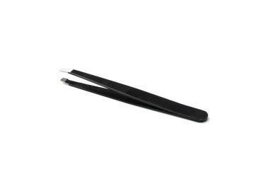 Black tweezers isolated. Steel eyebrow forceps, cosmetic tool, stainless pincette, small cosmetic pincers, metal hair tweezer on white background