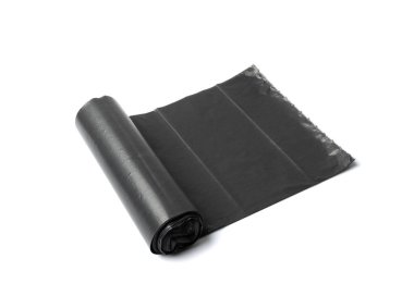 Garbage bag roll isolated. Trash package, new rolled plastic bin bags, black polyethylene waste container on white background