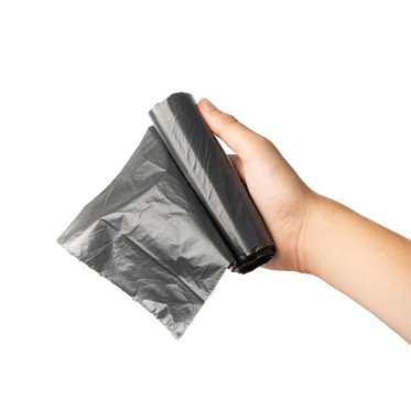 Hands holding garbage bag isolated. Trash package roll, new rolled plastic bin bags, black polyethylene waste container on white background