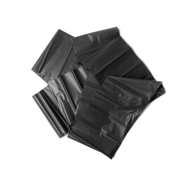 Garbage bag roll isolated. Trash package, new rolled plastic bin bags, black polyethylene waste container on white background