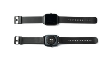 Fitness watch isolated. New smart wristwatch, fitness bracelet, digital pedometer, sport fitbit, black fitness watch on white background