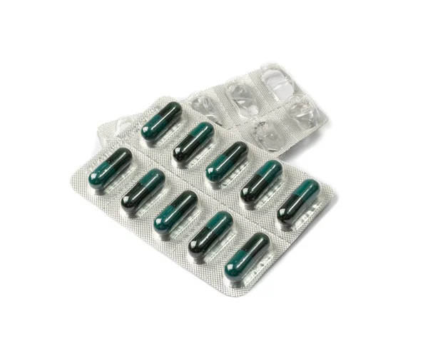 Pill Blister Isolated Black Green Capsule Package Drugs Packaging Pill — Stock fotografie