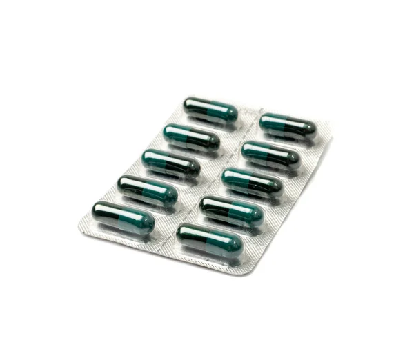 Pill Blister Isolated Black Green Capsule Package Drugs Packaging Pill — ストック写真