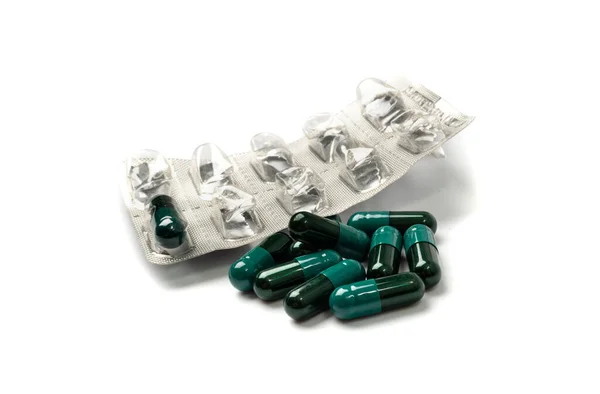 Pill Blister Isolated Black Green Capsule Package Drugs Packaging Pill — Zdjęcie stockowe