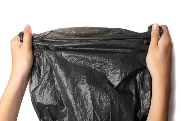 Χέρια Που Κρατούν Σκουπίδια Απομονωμένα Συσκευασία Απορριμμάτων Ρολό Νέες Πλαστικές — Φωτογραφία Αρχείου