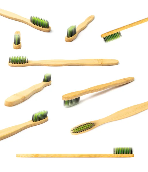 Wooden Toothbrush Set Isolated Bamboo Toothbrush Collection Ecological Wood Hygienic — 스톡 사진