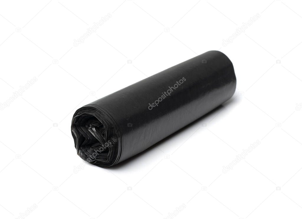 Garbage bag roll isolated. Trash package, new rolled plastic bin bags, black polyethylene waste container on white background