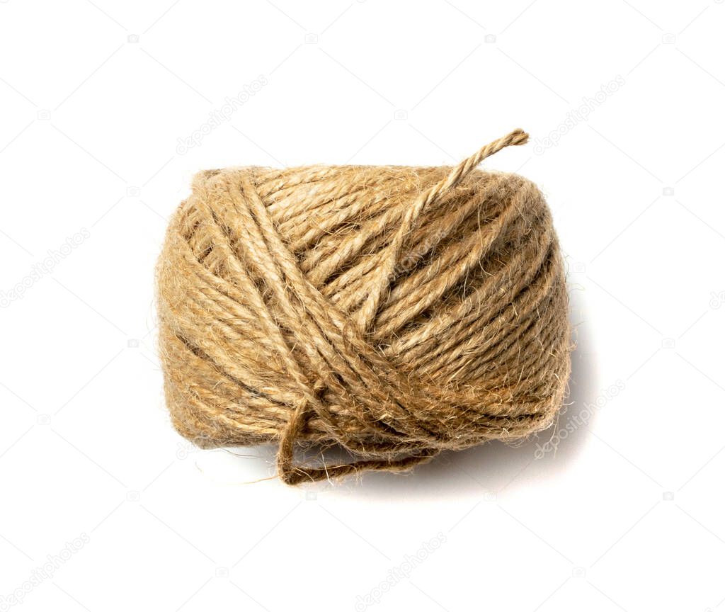 Yarn ball Isolated. Natural cord spool, twine skein, fiber ball, jute rope, packaging cord on white background