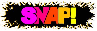 SNAP rainbow text on black explosion background. Blast comic word, SNAP! lettering, bang print, colorful pop art vector illustration