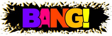 BANG rainbow text on black explosion background. Blast comic word, BANG! lettering, bang print, colorful pop art vector illustration