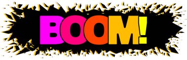 BOOM rainbow text on black explosion background. Blast comic word, BOOM! lettering, bang print, colorful pop art vector illustration