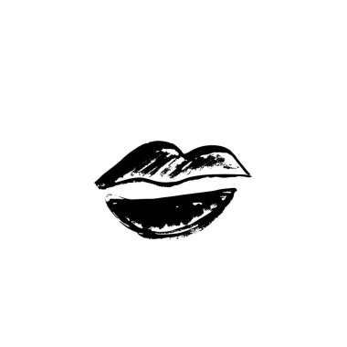 Brush drawn lips. Minimal grunge lip icon, hand drawn mouth symbol, rough stroke brush lips illustration