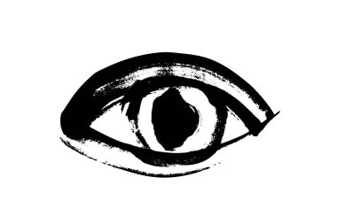 Fırça darbesi. Siyah mürekkep görme simgesi, el çizimi grunge göz doktoru sembolü, kaba fırça darbesi işareti, açık göz vektörü çizimi