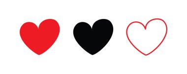 Kalp ikonu ayarlandı. Kırmızı ve siyah kalpler sembolü, aşk işareti, kalp atışı silueti, beyaz arkaplanda izole kalp resimleri, romantik vektör illüstrasyonu