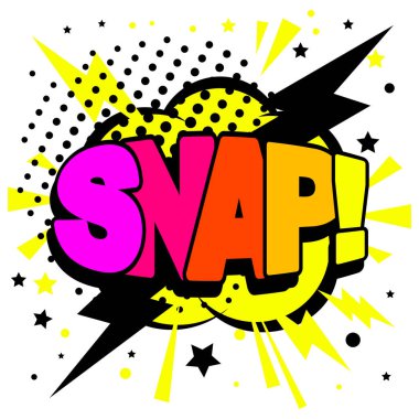 SNAP rainbow text. Explosion effect, blast comic word, boom lettering, SNAP! print, colorful surprise pop art vector illustration