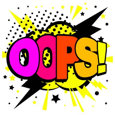 OOPS rainbow text. Explosion effect, blast comic word, boom lettering, OOPS! print, colorful surprise pop art vector illustration