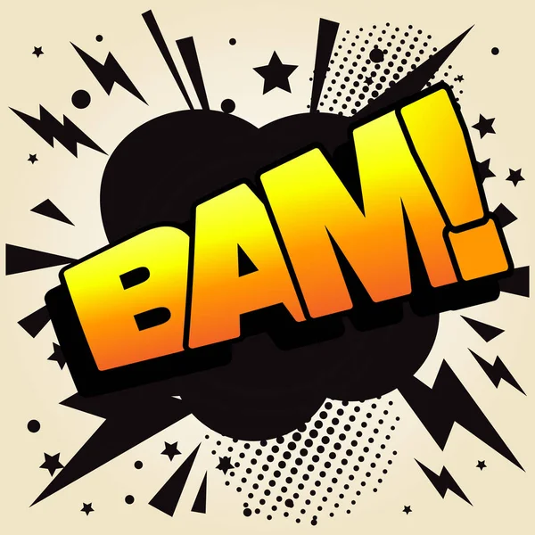 BAM text. Explosion effect, blast comic word, BAM! lettering, bang print, surprise pop art vector illustration in yellow, orange colors