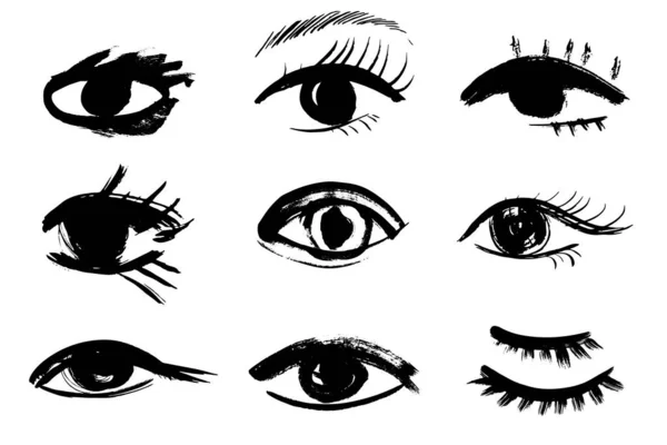 Brush Stroke Eye Set Black Ink Vision Icon Hand Drawn — Stock Vector