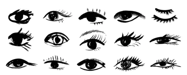 Brush Stroke Eye Set Black Ink Vision Icon Hand Drawn — ストックベクタ