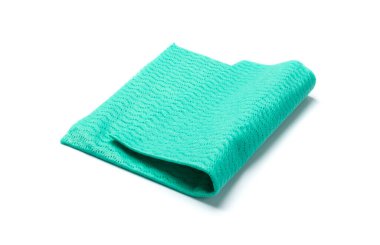 Cleaning cloth isolated. Wipe rag, cleaning microfiber towel, wiping cotton napkin, green microfibre fabric for cleanliness, kitchen cloths on white background
