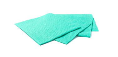 Cleaning cloth isolated. Wipe rag, cleaning microfiber towel, wiping cotton napkin, green microfibre fabric for cleanliness, kitchen cloths on white background