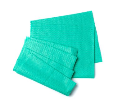 Cleaning cloth isolated. Wipe rag, cleaning microfiber towel, wiping cotton napkin, green microfibre fabric for cleanliness, kitchen cloths on white background top view
