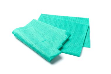 Cleaning cloth isolated. Wipe rag, cleaning microfiber towel, wiping cotton napkin, green microfibre fabric for cleanliness, kitchen cloths on white background