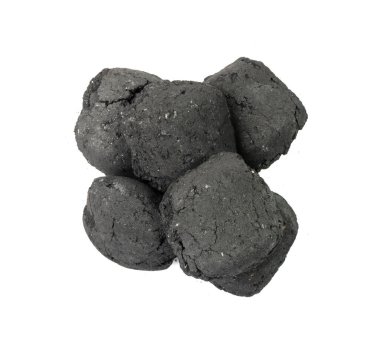Coal briquette isolated. Pressed charcoal for braai, coconut barbecue coal, bbq briquettes, grill charcoal on white background