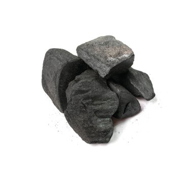Charcoal isolated. Barbecue coal pile, wood bbq briquettes, grill charcoal on white background