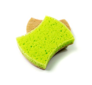 Natural sponge isolated. Green brown sponges, body care concept, eco friendly hygiene accessory, scotch brite dishwasher on a white background