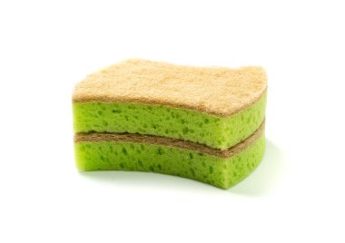 Natural sponge isolated. Green brown sponges, body care concept, eco friendly hygiene accessory, scotch brite dishwasher on a white background