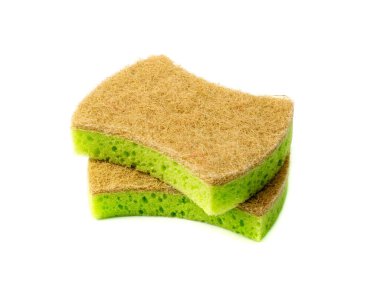 Natural sponge isolated. Green brown sponges, body care concept, eco friendly hygiene accessory, scotch brite dishwasher on a white background