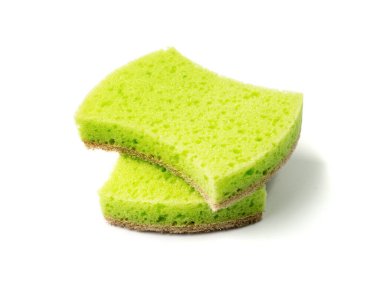 Natural sponge isolated. Green brown sponges, body care concept, eco friendly hygiene accessory, scotch brite dishwasher on a white background