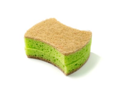 Natural sponge isolated. Green brown sponges, body care concept, eco friendly hygiene accessory, scotch brite dishwasher on a white background