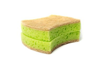 Natural sponge isolated. Green brown sponges, body care concept, eco friendly hygiene accessory, scotch brite dishwasher on a white background